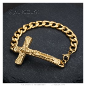 Gourmette Bracelet Jesus on the Cross Stainless Steel Gold IM#24749