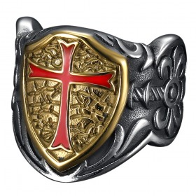 Bague templier Chevalière Croix rouge Blason Bouclier    IM#24766