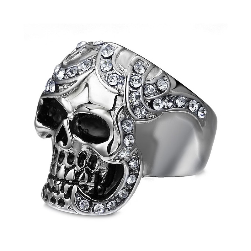 Signet Ring skull Head Rhinestone Silver Steel  IM#24797
