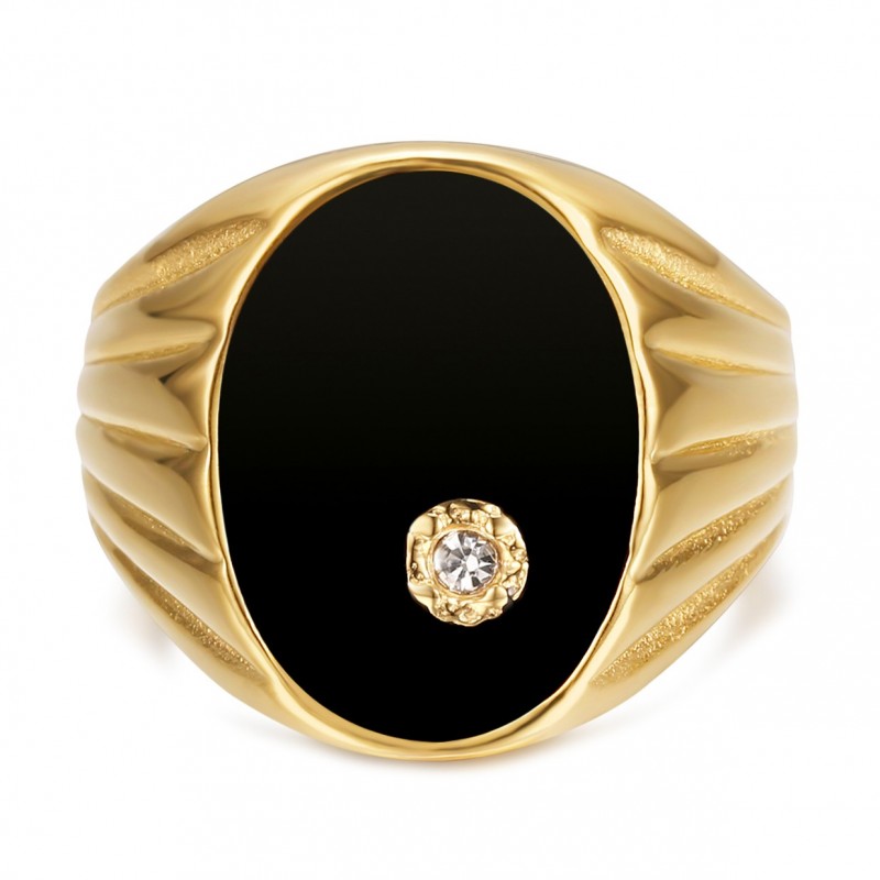 Anillo de sello Oro Negro Onyx Diamante Hombre Acero inoxidable IM#24813