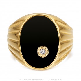 Anillo de sello Oro Negro Onyx Diamante Hombre Acero inoxidable IM#24814