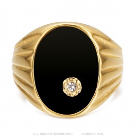 Siegelring Gold Schwarzer Onyx Diamant Mann Edelstahl IM#24814
