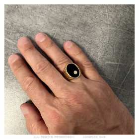 Signet Ring Gold Black Onyx Diamond Man Stainless Steel IM#24817