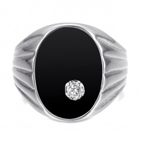 Signet ring Silver Black Onyx Diamond Man Stainless Steel IM#24820