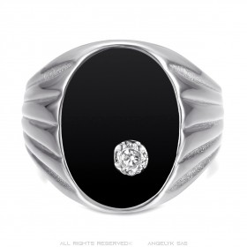 Signet Ring Silver Black Onyx Diamond Man Stainless Steel IM#24821