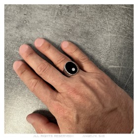 Chevalière bague Argent Onyx noir Diamant Homme Acier inoxydable  IM#24824