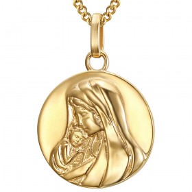 Ciondolo Medaglia Rotonda Madonna col Bambino Acciaio Inossidabile Oro IM#24827