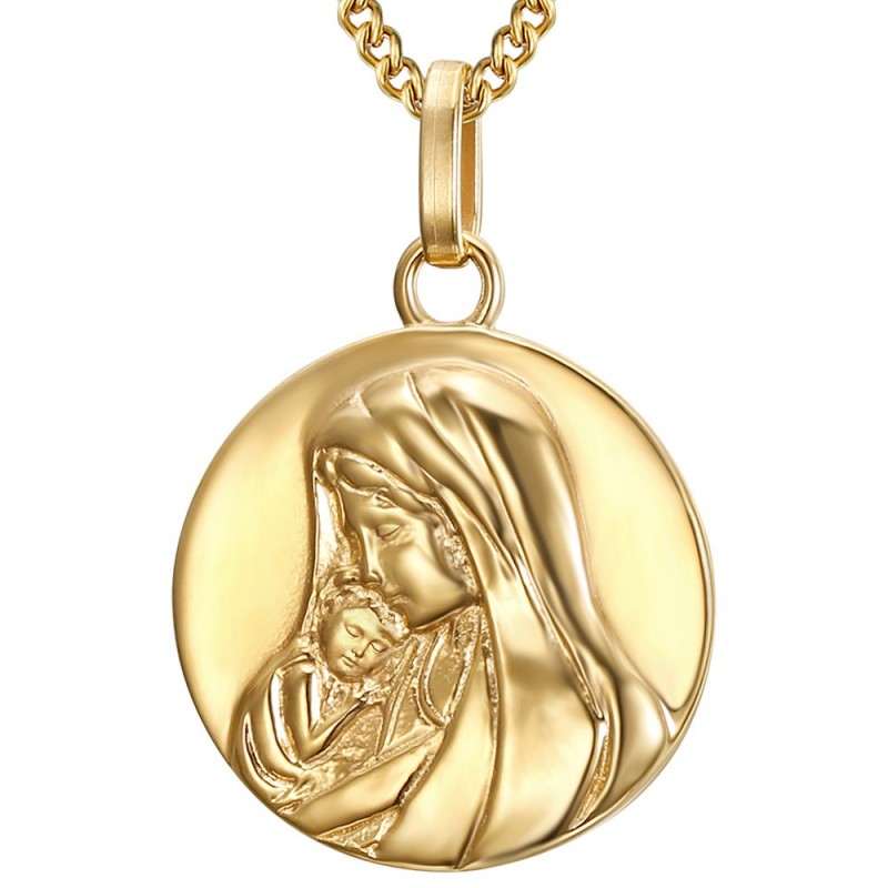 Ciondolo Medaglia Rotonda Madonna col Bambino Acciaio Inossidabile Oro IM#24827