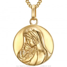 Ciondolo Medaglia Rotonda Madonna col Bambino Acciaio Inossidabile Oro IM#24828