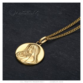 Runder Medaillenanhänger Jungfrau und Kind Edelstahl Gold IM#24829