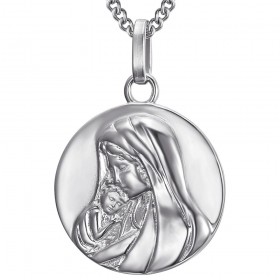 Pendentif Médaille Ronde Vierge à l'enfant Acier inoxydable Argent  IM#24833