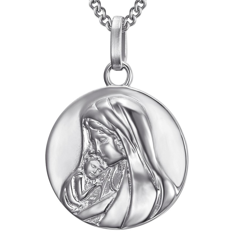 Ciondolo medaglia rotonda Madonna col Bambino in acciaio inossidabile argento IM#24833