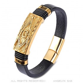 Bracelet Franc-Maçon Homme Cuir Noir Acier Or  IM#24877