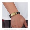 Bracelet Franc-Maçon Homme Cuir Noir Acier Or  IM#24878