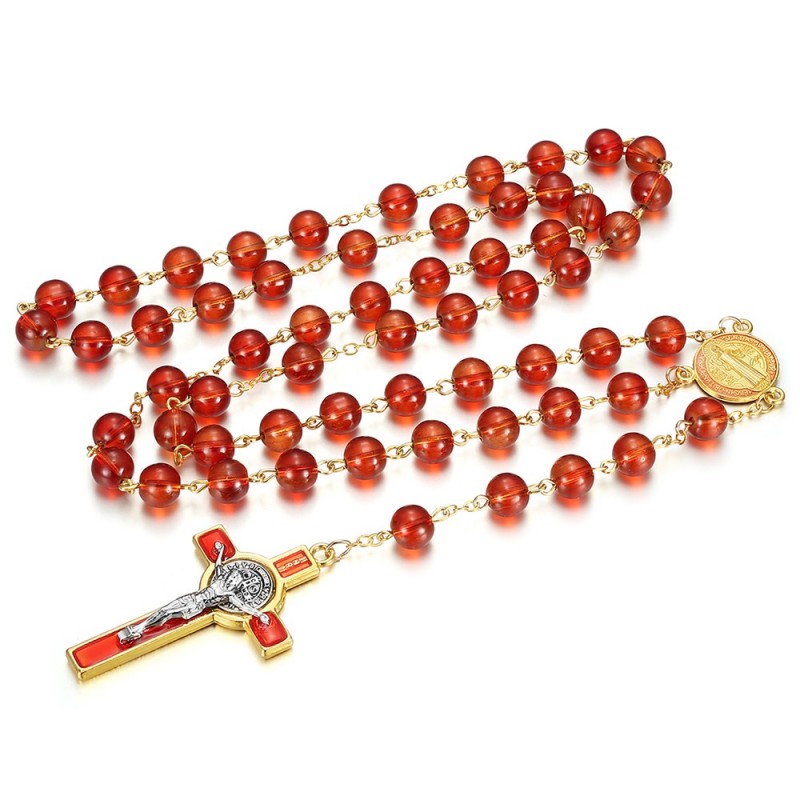 Medaglia del Rosario di San Benedetto Protettore Rosso Fuoco e Oro IM#24967