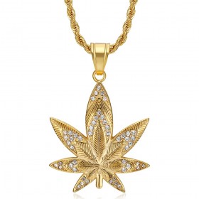 Pendentif feuille de cannabis Diamant Zirconium Chaîne  IM#25057