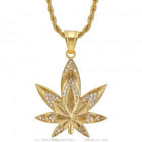 Pendentif feuille de cannabis Diamant Zirconium Chaîne  IM#25058