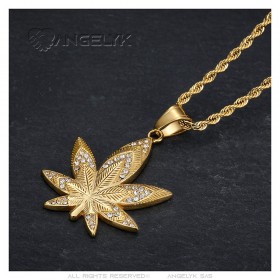 Pendentif feuille de cannabis Diamant Zirconium Chaîne  IM#25059