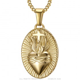 Pendentif coeur du christ Collier homme Acier inoxydable Or  IM#25102