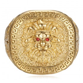 Anillo cabeza de león llave griega Acero inoxidable Oro Rubí rojo IM#25129