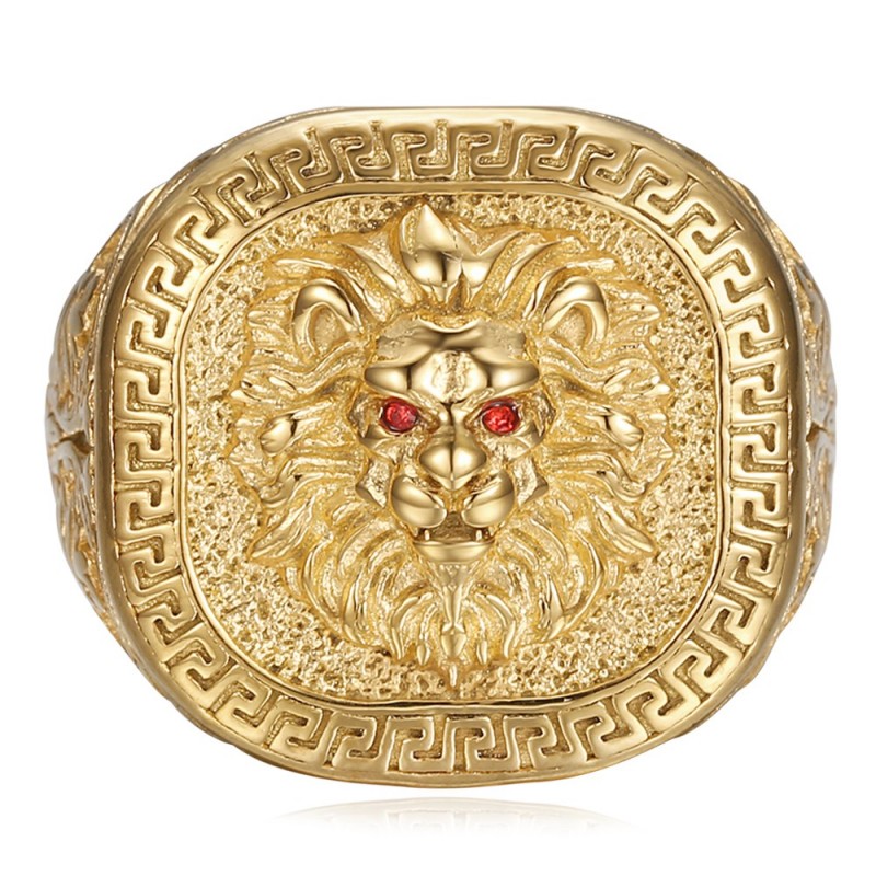 Lion head ring Greek key Stainless steel Gold Red ruby IM#25129
