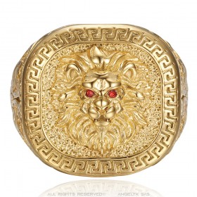 Ring Löwenkopf griechischer Schlüssel Edelstahl Gold Rubinrot IM#25130