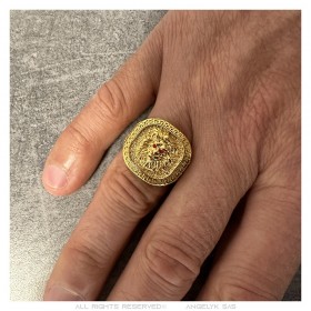 Ring Löwenkopf griechischer Schlüssel Edelstahl Gold Rubinrot IM#25133