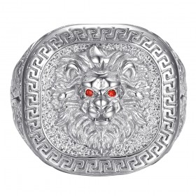 Ring Löwenkopf griechischer Schlüssel Edelstahl Silber Rubinrot IM#25136