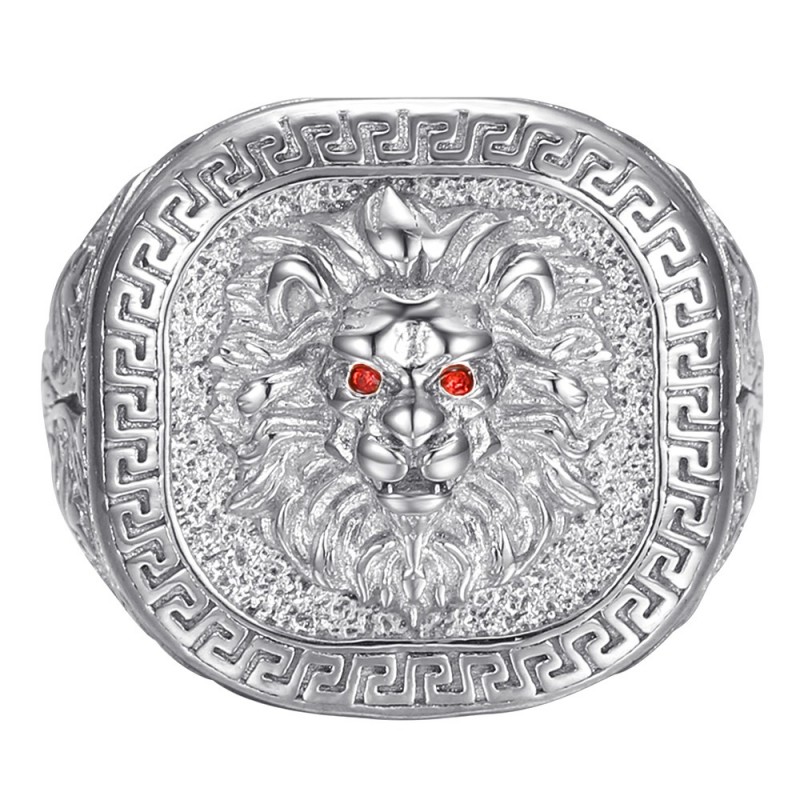 Bague tête de lion clé grecque Acier inoxydable Argent Rubis rouge  IM#25136