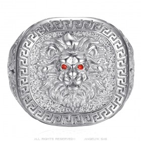 Lion head ring greek key Stainless steel Silver Red Ruby IM#25137