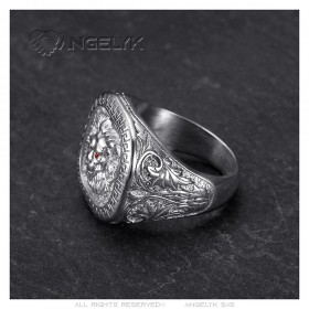 Lion head ring Greek key Stainless steel Silver Red Ruby IM#25138