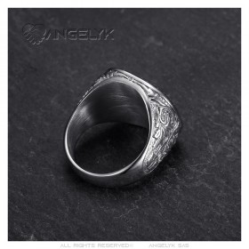 Anillo cabeza de león llave griega Acero inoxidable Plata Rojo Rubí IM#25139