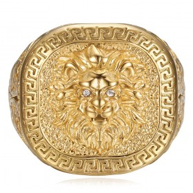 Ring Löwenkopf griechischer Schlüssel Edelstahl Gold Diamant IM#25143