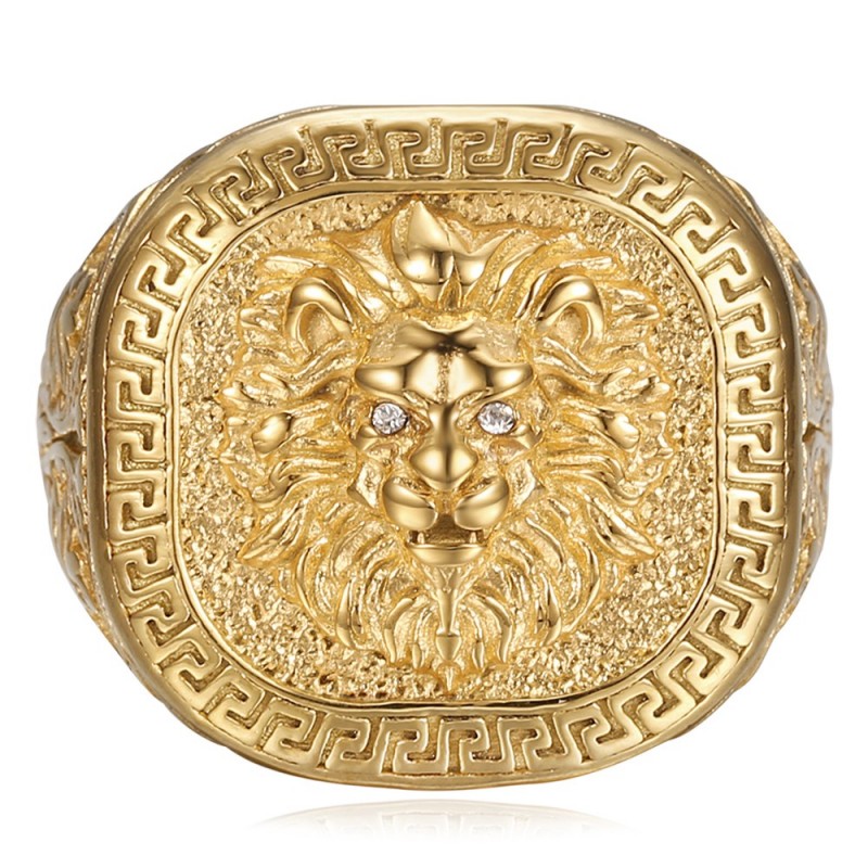 Lion head ring with greek key Stainless steel Gold Diamond IM#25143