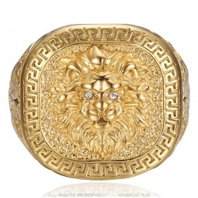 Lion head ring with greek key Stainless steel Gold Diamond IM#25144