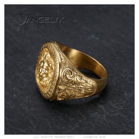 Ring Löwenkopf griechischer Schlüssel Edelstahl Gold Diamant IM#25145