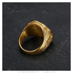 Ring Löwenkopf griechischer Schlüssel Edelstahl Gold Diamant IM#25146