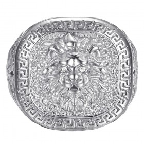 Ring Löwenkopf griechischer Schlüssel Edelstahl Silber Diamant IM#25150