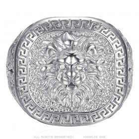 Lion head ring greek key Stainless steel Silver Diamond IM#25151