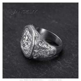 Anillo cabeza de león llave griega Acero inoxidable Plata Diamante IM#25152