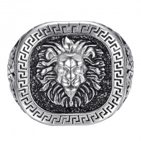 Ring Löwenkopf griechischer Schlüssel Edelstahl Silber Schwarz Diamant IM#25157