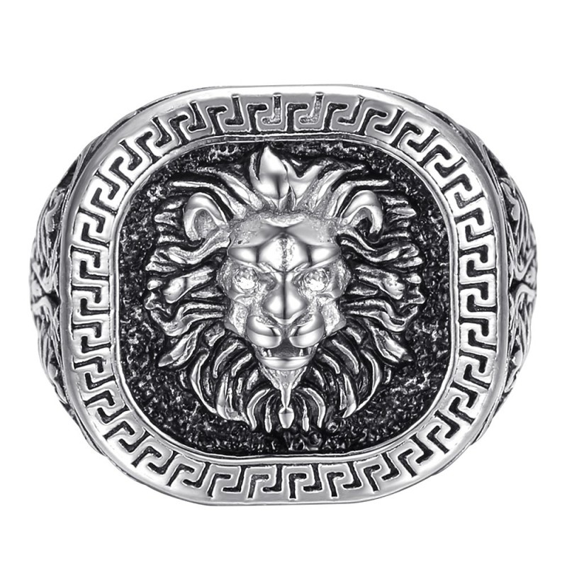 Bague tête de lion clé grecque Acier inoxydable Argent Noir Diamant  IM#25157