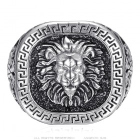 Bague tête de lion clé grecque Acier inoxydable Argent Noir Diamant  IM#25158
