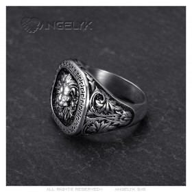 Bague tête de lion clé grecque Acier inoxydable Argent Noir Diamant  IM#25159