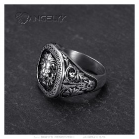 Lion head ring greek key Stainless steel Silver Black Diamond IM#25159