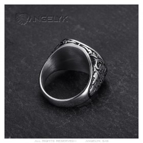 Anillo cabeza de león llave griega Acero inoxidable Plata Diamante Negro IM#25160