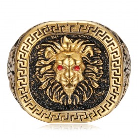 Ring Löwenkopf griechischer Schlüssel Edelstahl Gold Schwarz Rubin Rot IM#25164