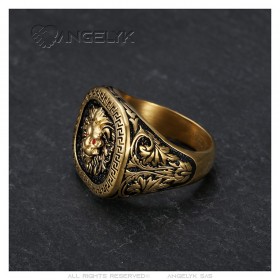 Anillo cabeza de león Llave griega Acero inoxidable Oro negro Rubí rojo IM#25166