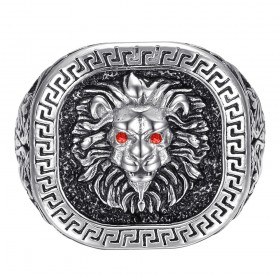 Anello testa di leone chiave greca Acciaio inossidabile Argento Nero Rosso Rubino IM#25171