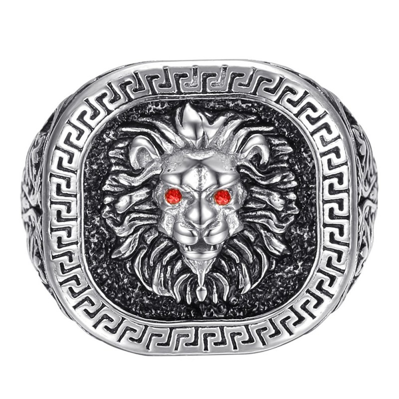 Bague tête de lion clé grecque Acier inoxydable Argent Noir Rubis rouge  IM#25171